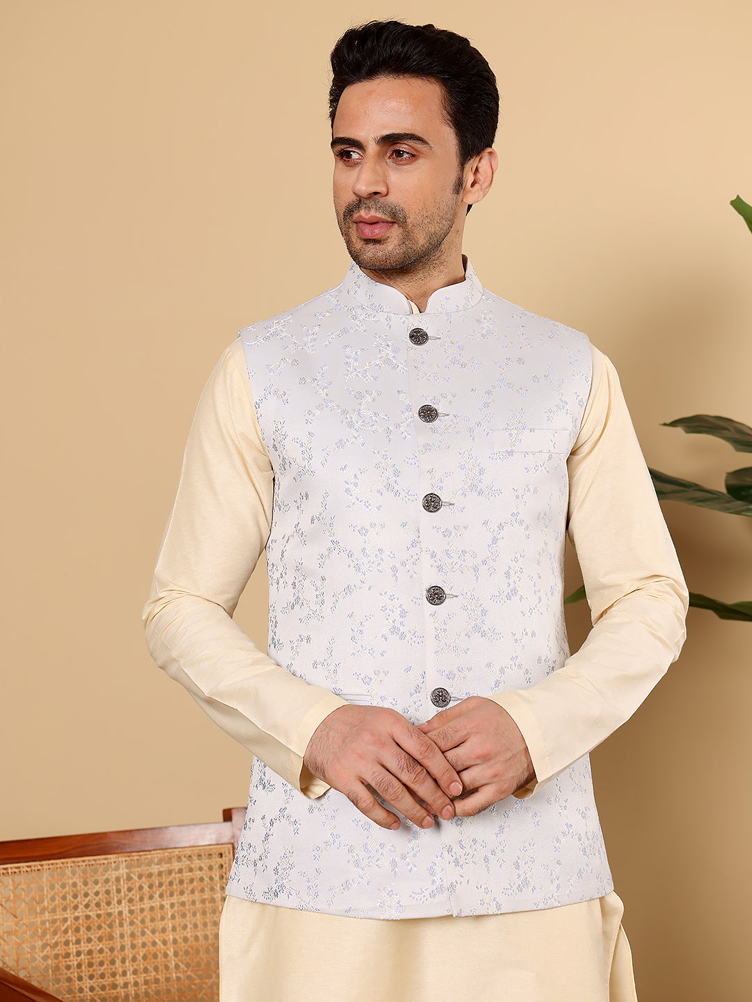 MULTI SHADES Men's Woven Design Light Blue Embroidered Nehru Jacket | Grocsy