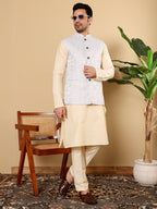 MULTI SHADES Men's Woven Design Light Blue Embroidered Nehru Jacket | Grocsy