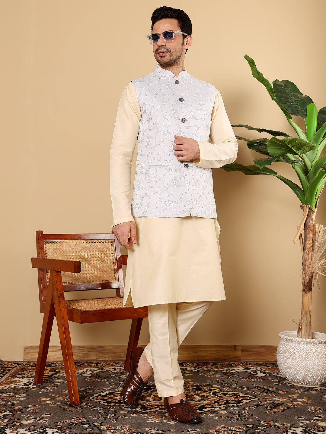 MULTI SHADES Men's Woven Design Light Blue Embroidered Nehru Jacket | Grocsy