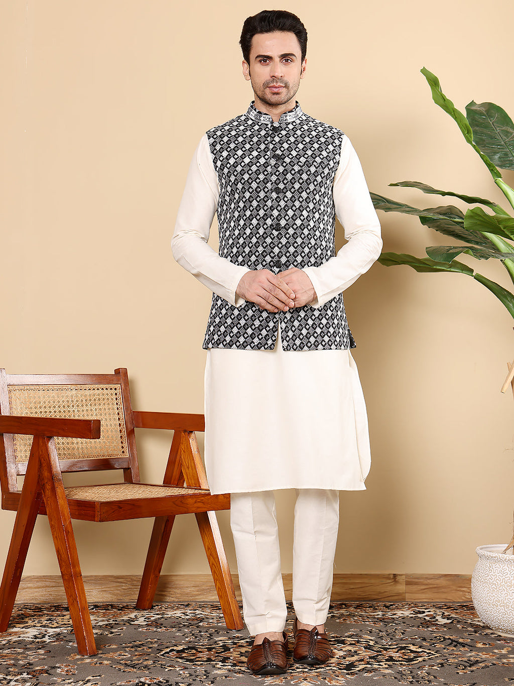 MULTI SHADES Men's Woven Design Black And White Embroidered Nehru Jacket | Grocsy