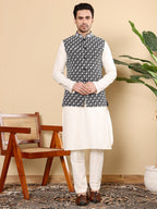 MULTI SHADES Men's Woven Design Black And White Embroidered Nehru Jacket | Grocsy