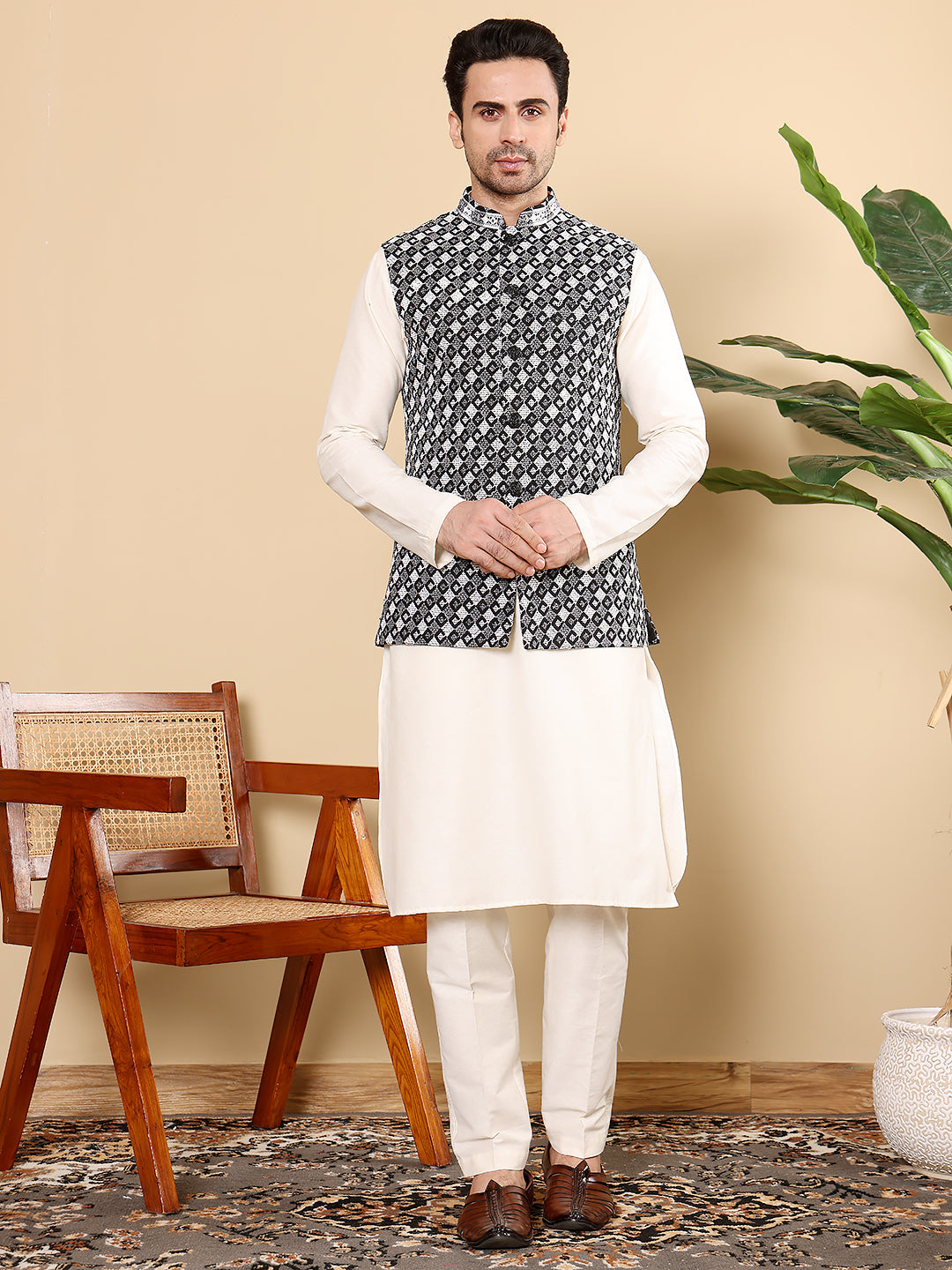 MULTI SHADES Men's Woven Design Black And White Embroidered Nehru Jacket | Grocsy