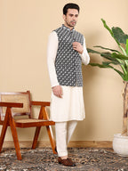 MULTI SHADES Men's Woven Design Black And White Embroidered Nehru Jacket | Grocsy