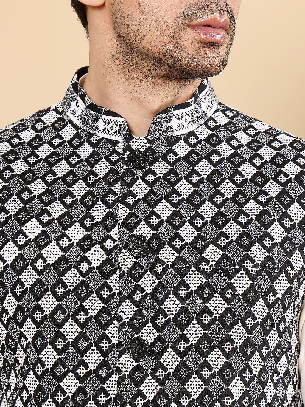 MULTI SHADES Men's Woven Design Black And White Embroidered Nehru Jacket | Grocsy