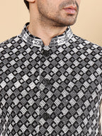 MULTI SHADES Men's Woven Design Black And White Embroidered Nehru Jacket | Grocsy