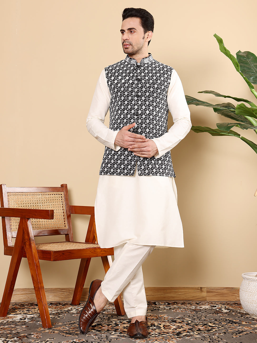MULTI SHADES Men's Woven Design Black And White Embroidered Nehru Jacket | Grocsy