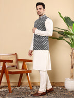 MULTI SHADES Men's Woven Design Black And White Embroidered Nehru Jacket | Grocsy