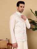 MULTI SHADES Men's Woven Design White Embroidered Nehru Jacket | Grocsy