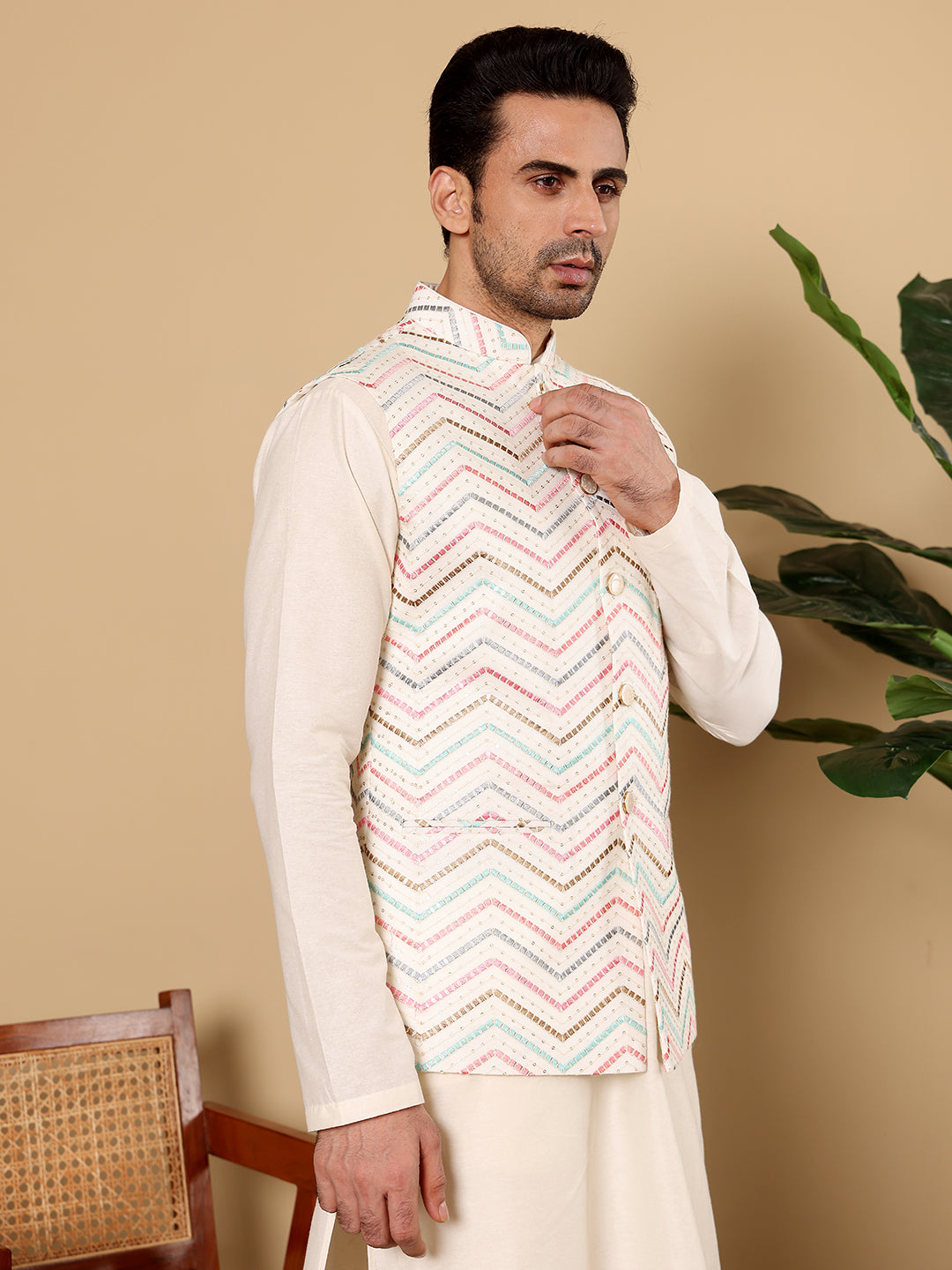 MULTI SHADES Men's Woven Design White Embroidered Nehru Jacket | Grocsy