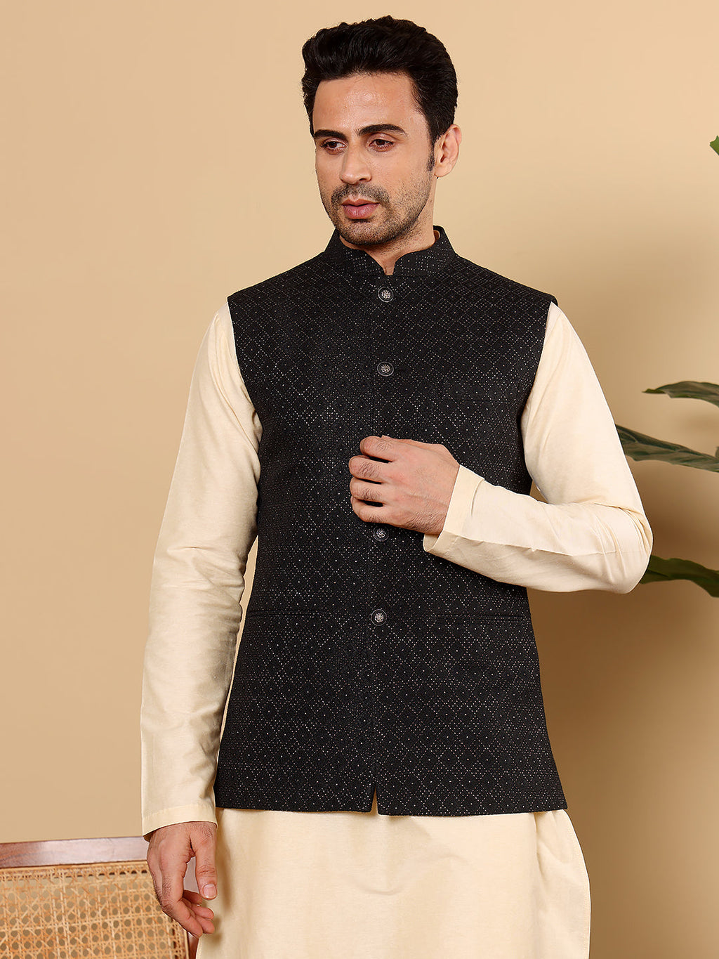 MULTI SHADES Men's Woven Design Black Embroidered Nehru Jacket | Grocsy
