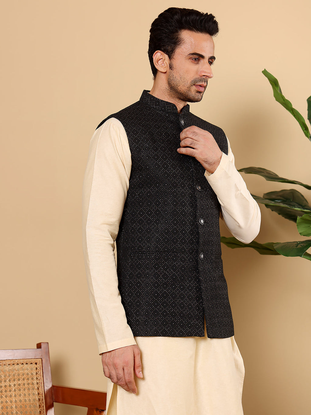 MULTI SHADES Men's Woven Design Black Embroidered Nehru Jacket | Grocsy