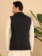 MULTI SHADES Men's Woven Design Black Embroidered Nehru Jacket | Grocsy