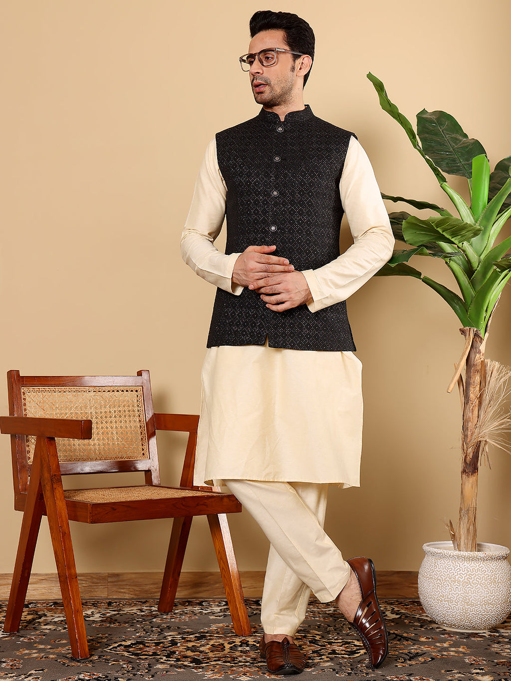 MULTI SHADES Men's Woven Design Black Embroidered Nehru Jacket | Grocsy