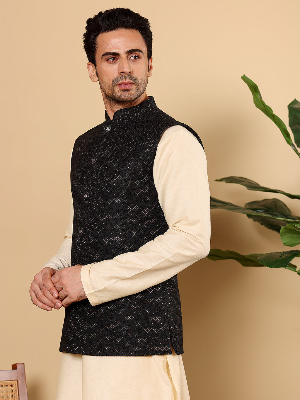 MULTI SHADES Men's Woven Design Black Embroidered Nehru Jacket | Grocsy