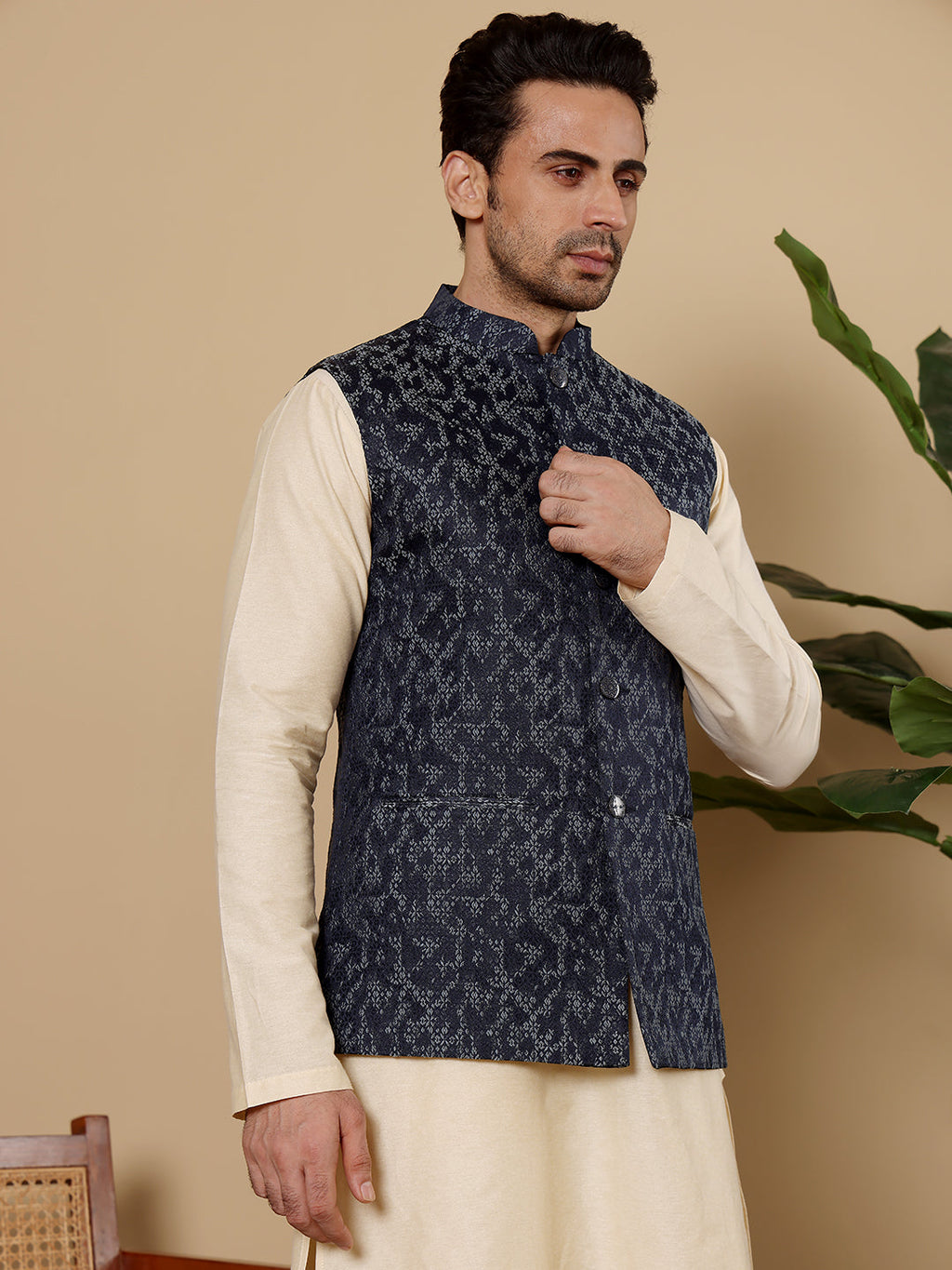 MULTI SHADES Men's Woven Design Blue Embroidered Nehru Jacket | Grocsy