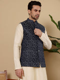 MULTI SHADES Men's Woven Design Blue Embroidered Nehru Jacket | Grocsy