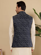 MULTI SHADES Men's Woven Design Blue Embroidered Nehru Jacket | Grocsy