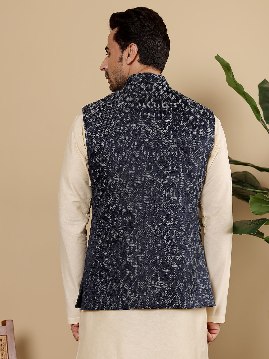 MULTI SHADES Men's Woven Design Blue Embroidered Nehru Jacket | Grocsy