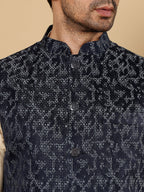 MULTI SHADES Men's Woven Design Blue Embroidered Nehru Jacket | Grocsy