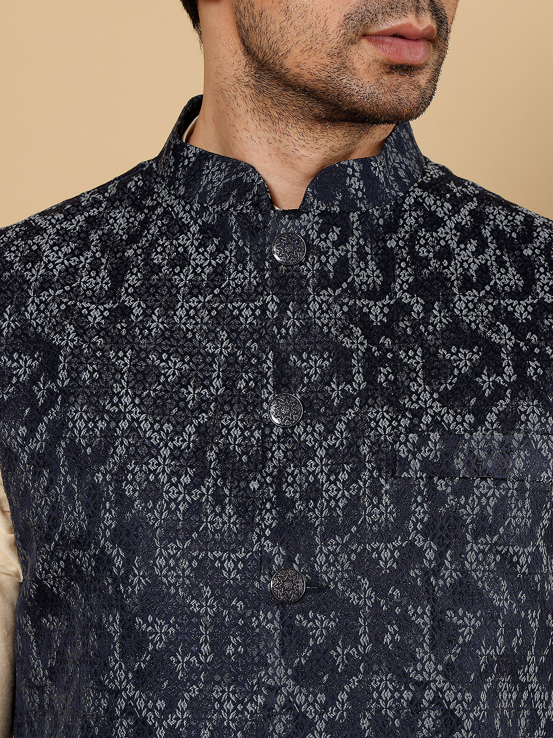 MULTI SHADES Men's Woven Design Blue Embroidered Nehru Jacket | Grocsy