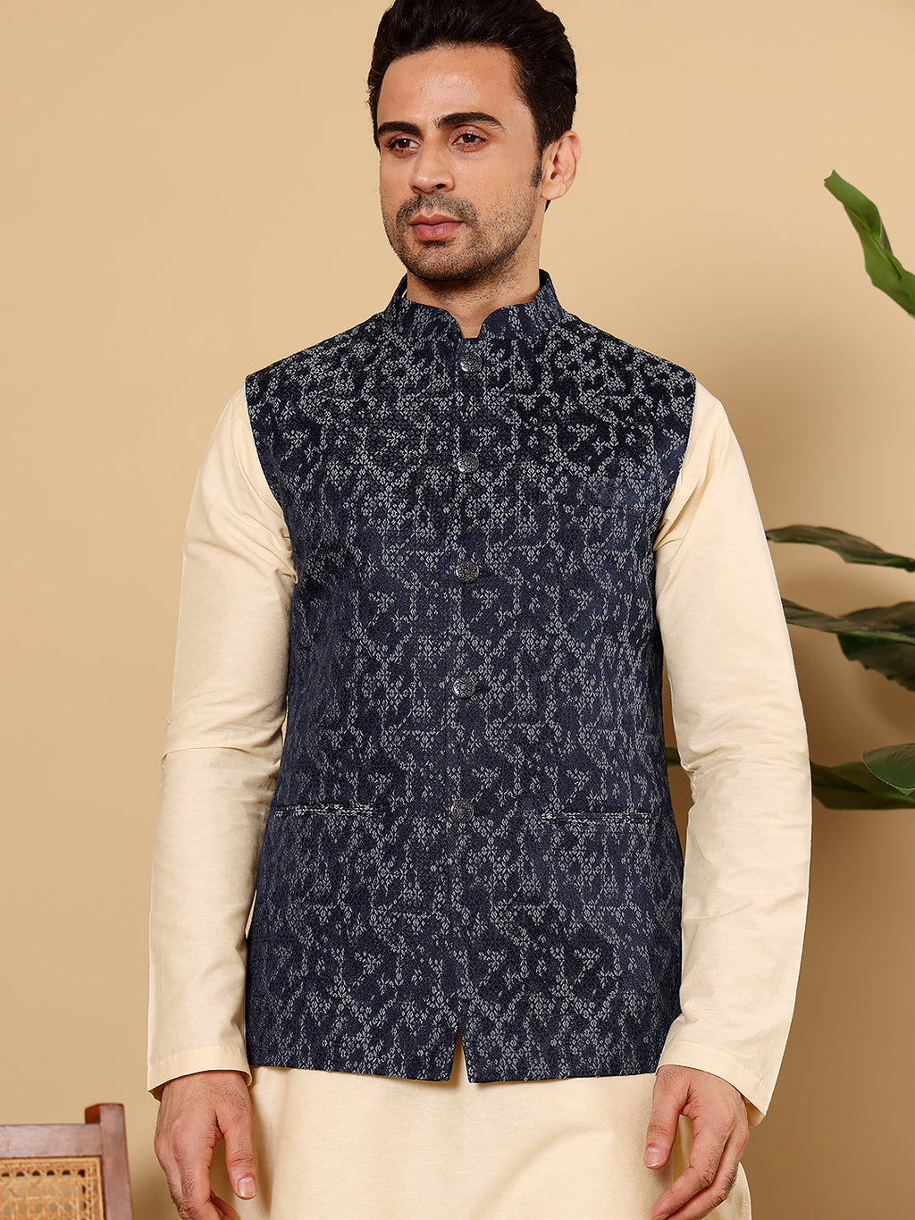 MULTI SHADES Men's Woven Design Blue Embroidered Nehru Jacket | Grocsy