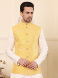 MULTI SHADES Men's Woven Design Yellow Embroidered Nehru Jacket | Grocsy