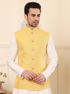 MULTI SHADES Men's Woven Design Yellow Embroidered Nehru Jacket | Grocsy