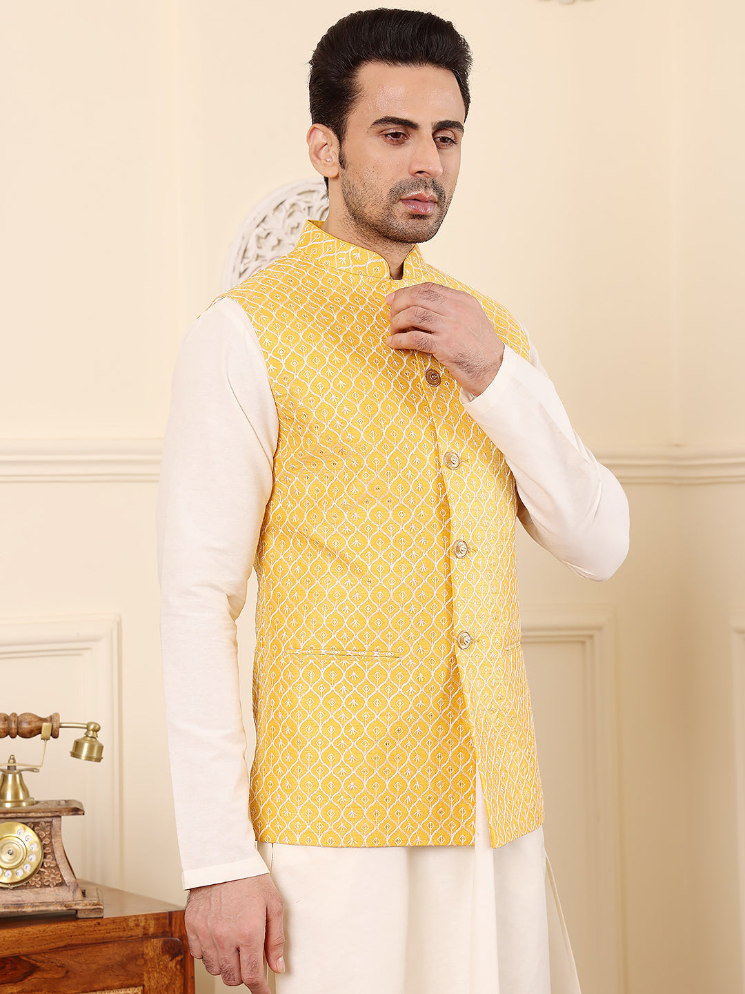 MULTI SHADES Men's Woven Design Yellow Embroidered Nehru Jacket | Grocsy