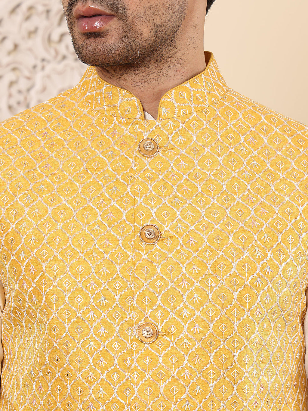 MULTI SHADES Men's Woven Design Yellow Embroidered Nehru Jacket | Grocsy