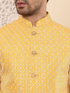 MULTI SHADES Men's Woven Design Yellow Embroidered Nehru Jacket | Grocsy