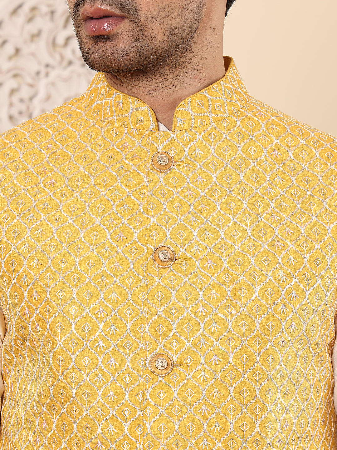 MULTI SHADES Men's Woven Design Yellow Embroidered Nehru Jacket | Grocsy