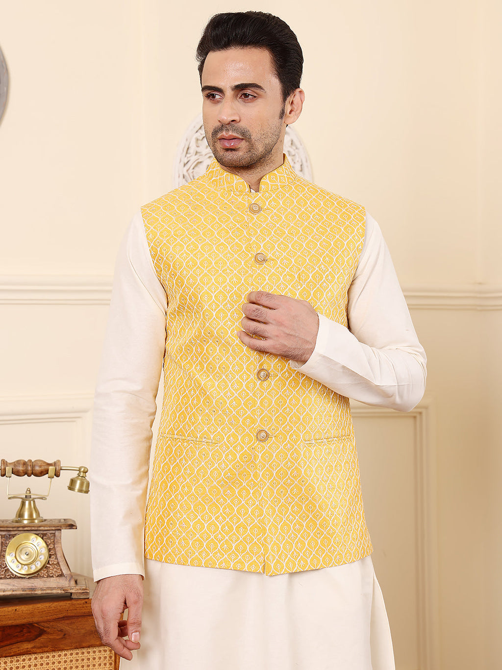 MULTI SHADES Men's Woven Design Yellow Embroidered Nehru Jacket | Grocsy