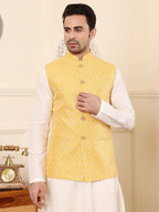 MULTI SHADES Men's Woven Design Yellow Embroidered Nehru Jacket | Grocsy