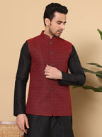 MULTI SHADES Men's Woven Design Black And Red Embroidered Nehru Jacket | Grocsy