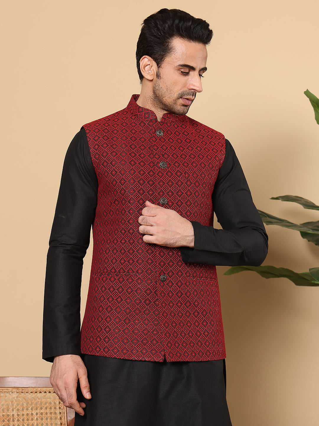 MULTI SHADES Men's Woven Design Black And Red Embroidered Nehru Jacket | Grocsy