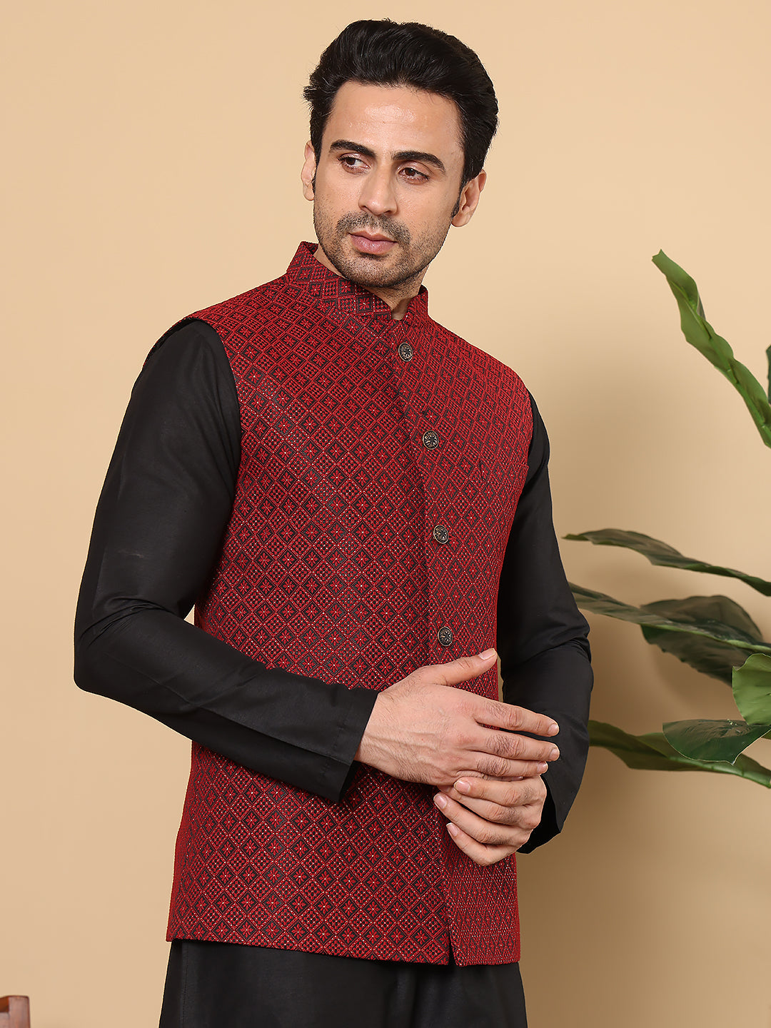 MULTI SHADES Men's Woven Design Black And Red Embroidered Nehru Jacket | Grocsy