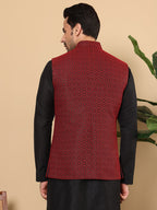 MULTI SHADES Men's Woven Design Black And Red Embroidered Nehru Jacket | Grocsy