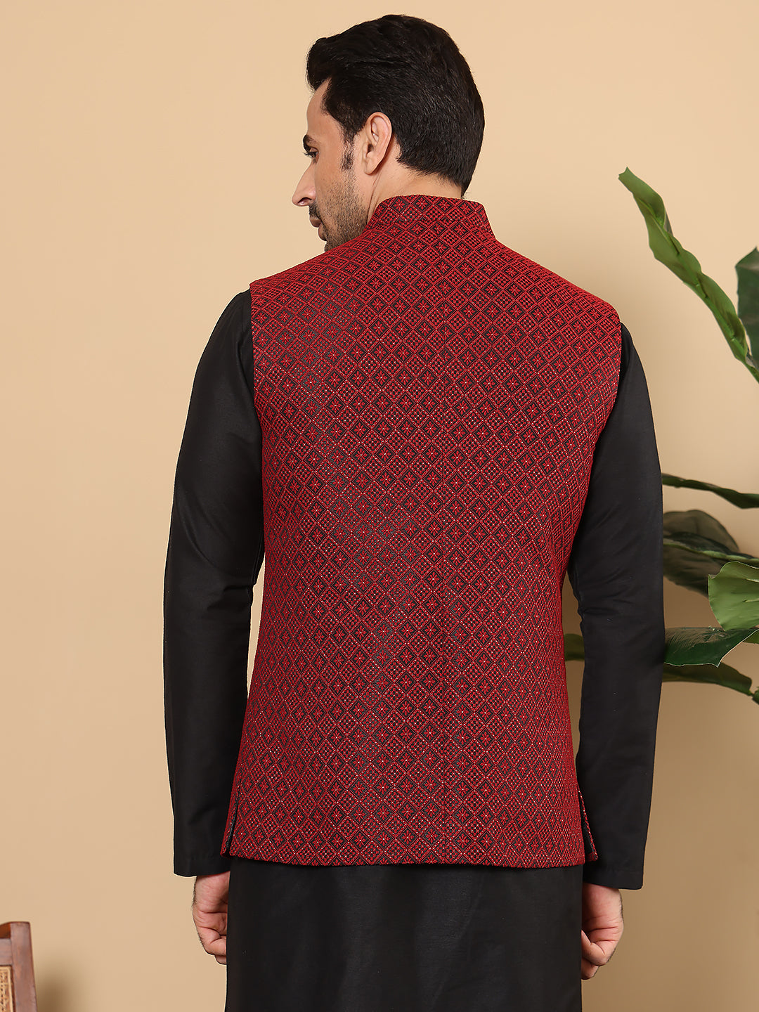 MULTI SHADES Men's Woven Design Black And Red Embroidered Nehru Jacket | Grocsy