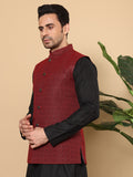MULTI SHADES Men's Woven Design Black And Red Embroidered Nehru Jacket | Grocsy