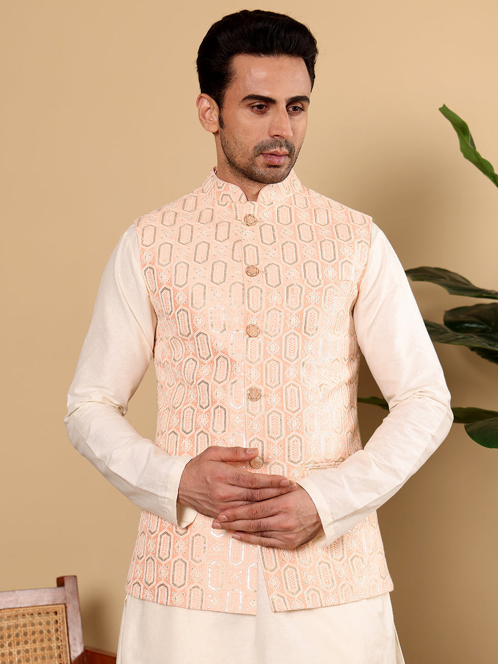 MULTI SHADES Men's Woven Design Light Pink Embroidered Nehru Jacket | Grocsy