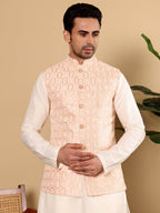 MULTI SHADES Men's Woven Design Light Pink Embroidered Nehru Jacket | Grocsy