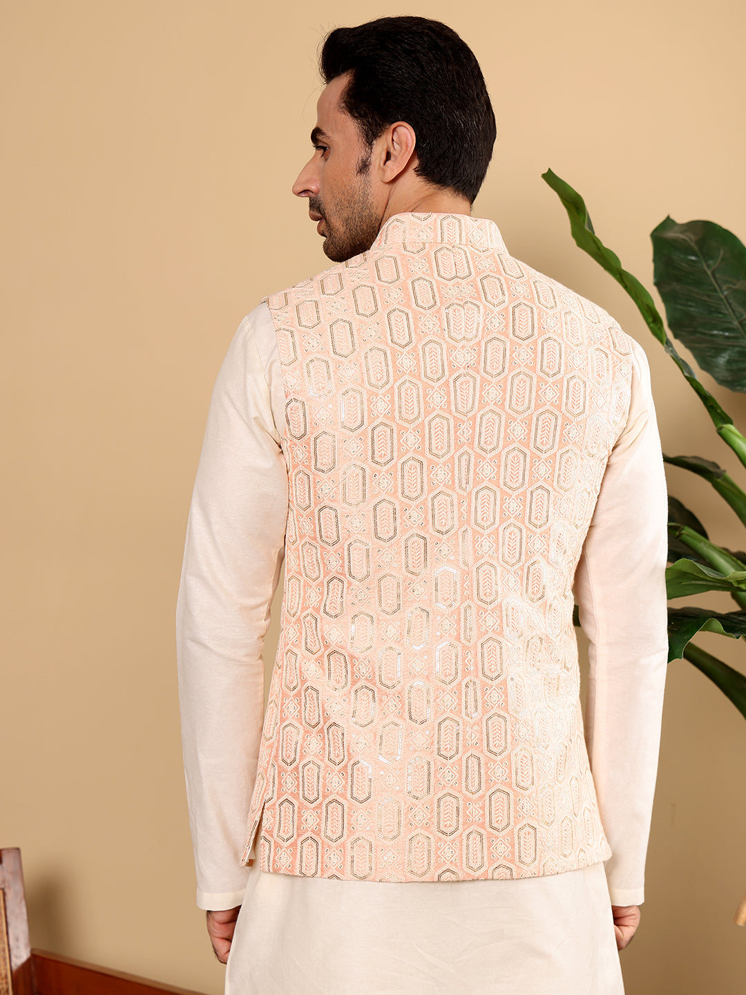 MULTI SHADES Men's Woven Design Light Pink Embroidered Nehru Jacket | Grocsy