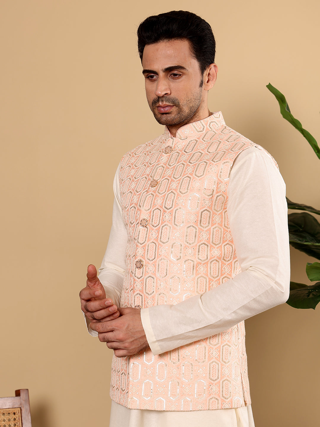 MULTI SHADES Men's Woven Design Light Pink Embroidered Nehru Jacket | Grocsy