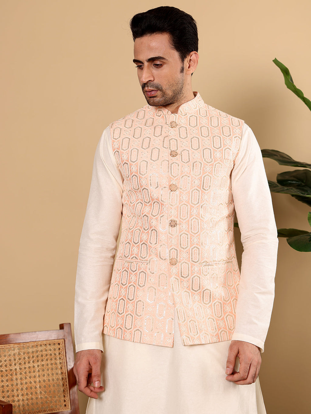 MULTI SHADES Men's Woven Design Light Pink Embroidered Nehru Jacket | Grocsy