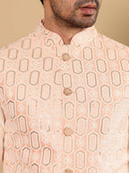 MULTI SHADES Men's Woven Design Light Pink Embroidered Nehru Jacket | Grocsy
