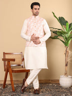 MULTI SHADES Men's Woven Design Peach Embroidered Nehru Jacket | Grocsy