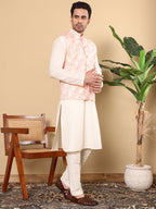 MULTI SHADES Men's Woven Design Peach Embroidered Nehru Jacket | Grocsy