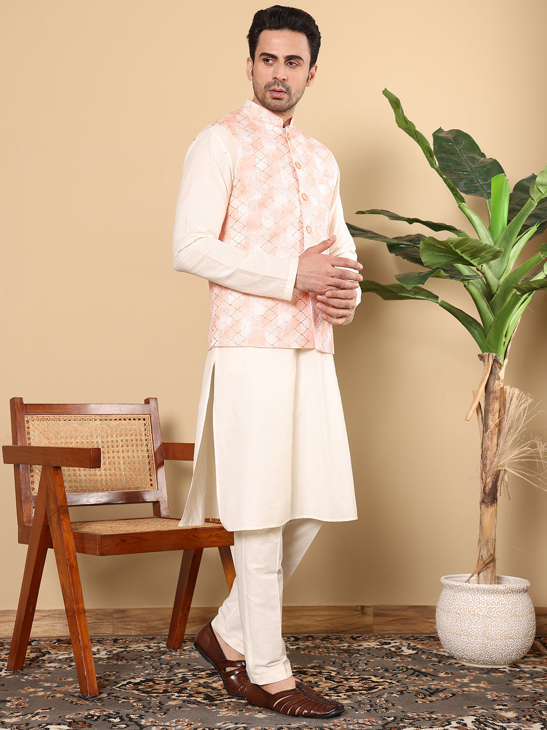 MULTI SHADES Men's Woven Design Peach Embroidered Nehru Jacket | Grocsy