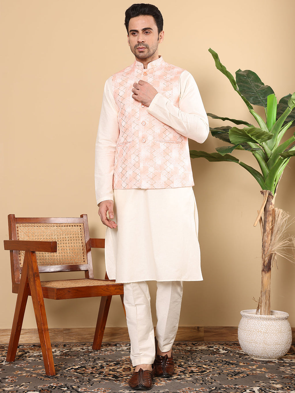 MULTI SHADES Men's Woven Design Peach Embroidered Nehru Jacket | Grocsy
