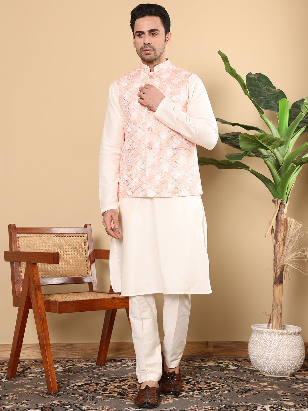 MULTI SHADES Men's Woven Design Peach Embroidered Nehru Jacket | Grocsy
